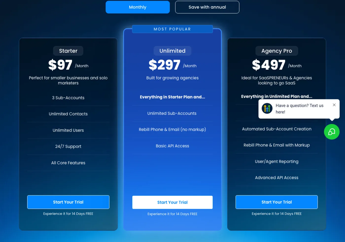 GoHighLevel's pricing page showing three plan cards: Starter at $97 a month, Unlimited at $297 a month badged Most Popular, and Agency Pro at $497 a month