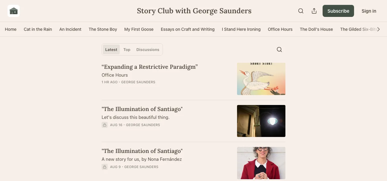 The Story Club with George Saunders publication on Substack, showing a navigation bar of sections named after individual short stories — Cat in the Rain, An Incident, The Stone Boy, My First Goose, Essays on Craft and Writing, I Stand Here Ironing, Office Hours, The Doll's House — above a reverse-chronological archive with padlock icons on paid posts