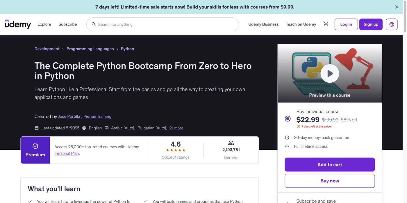 A Udemy course page showing a $22.99 sale price next to a struck-through $199.99 list price labelled 88% off, under a banner reading '7 days left! Limited-time sale starts now! Build your skills for less with courses from $9.99'