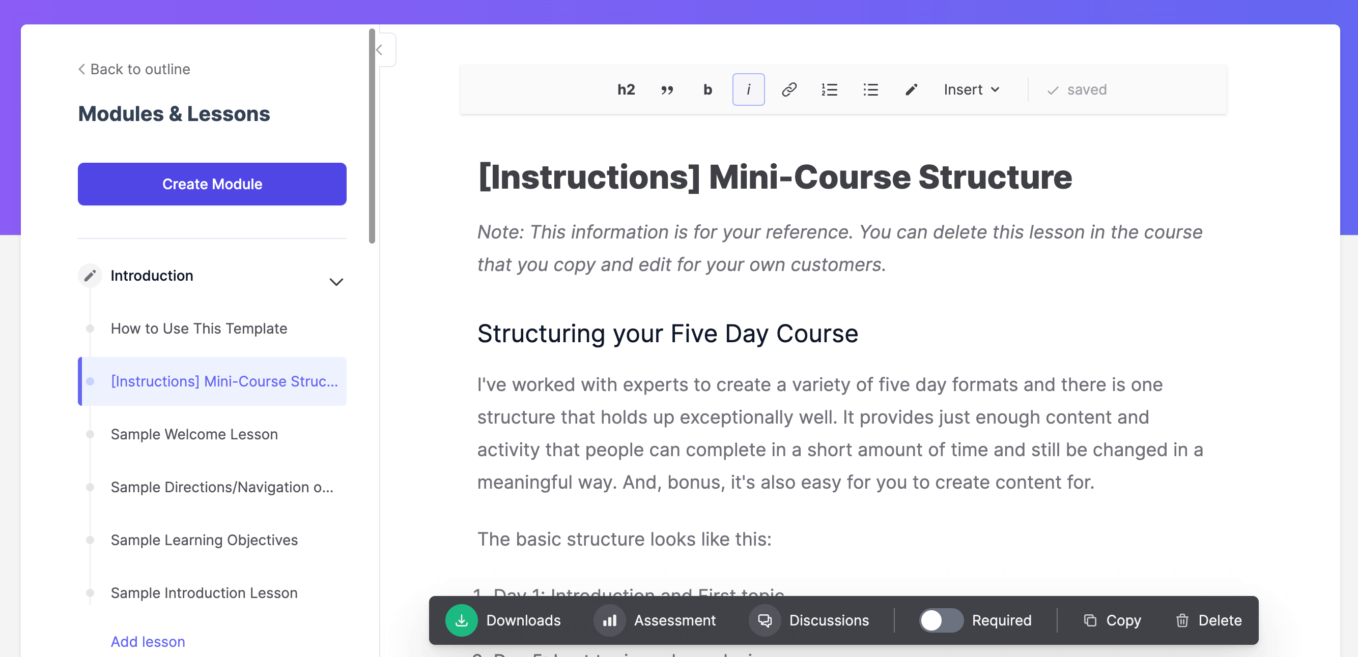 Screenshot of organizing course outline